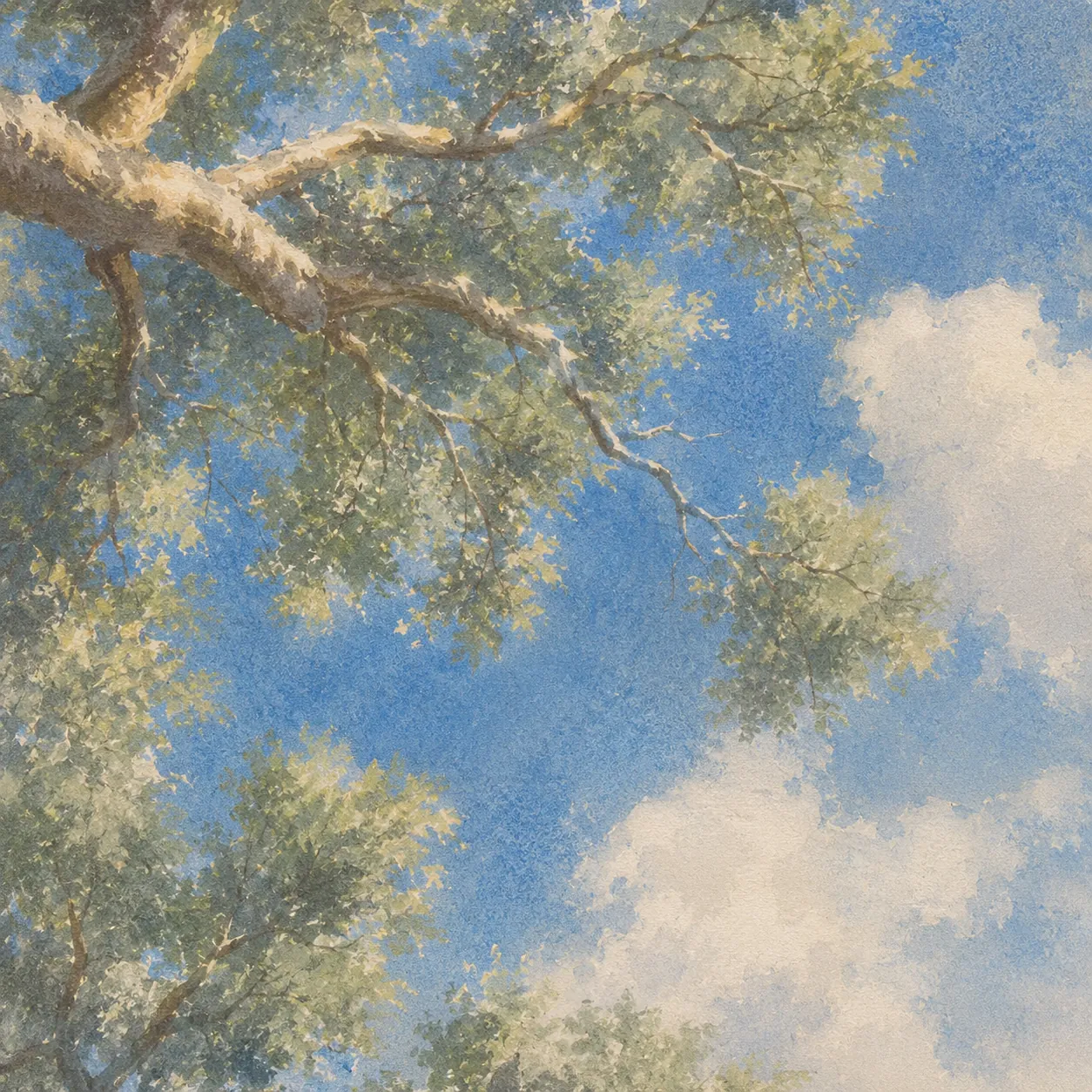 Watercolour of a tree canopy against a deep blue sky.