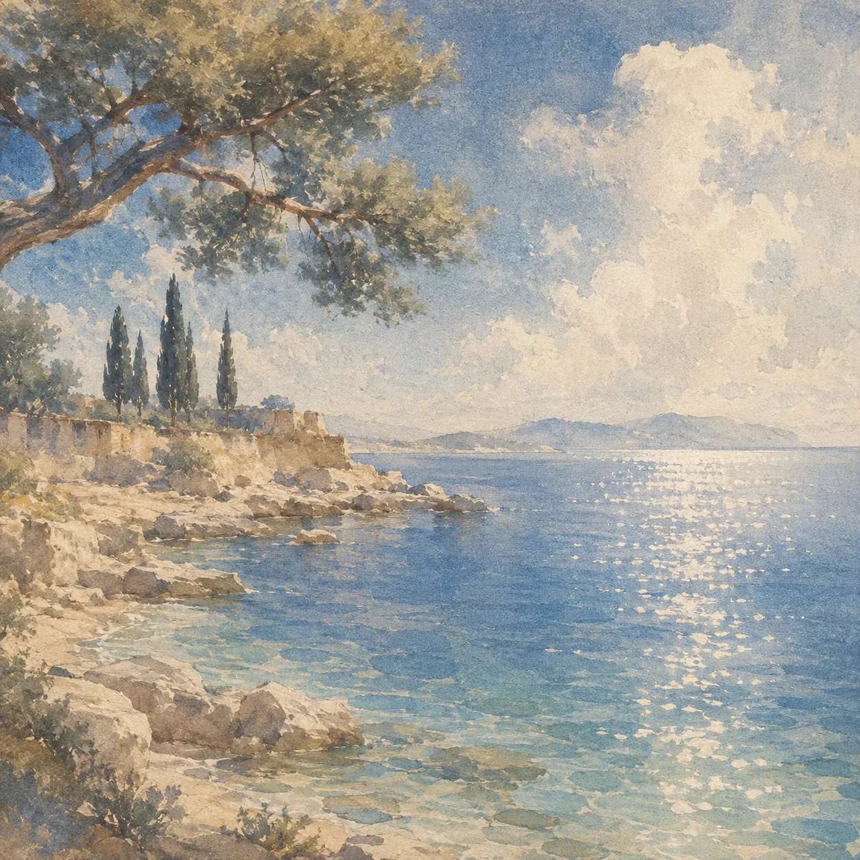 Watercolour of a rocky Mediterranean coast with cypresses and a bright sea.