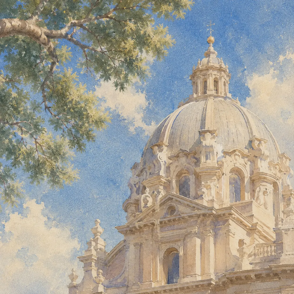 Watercolour of a baroque dome against blue sky with a tree in the foreground.