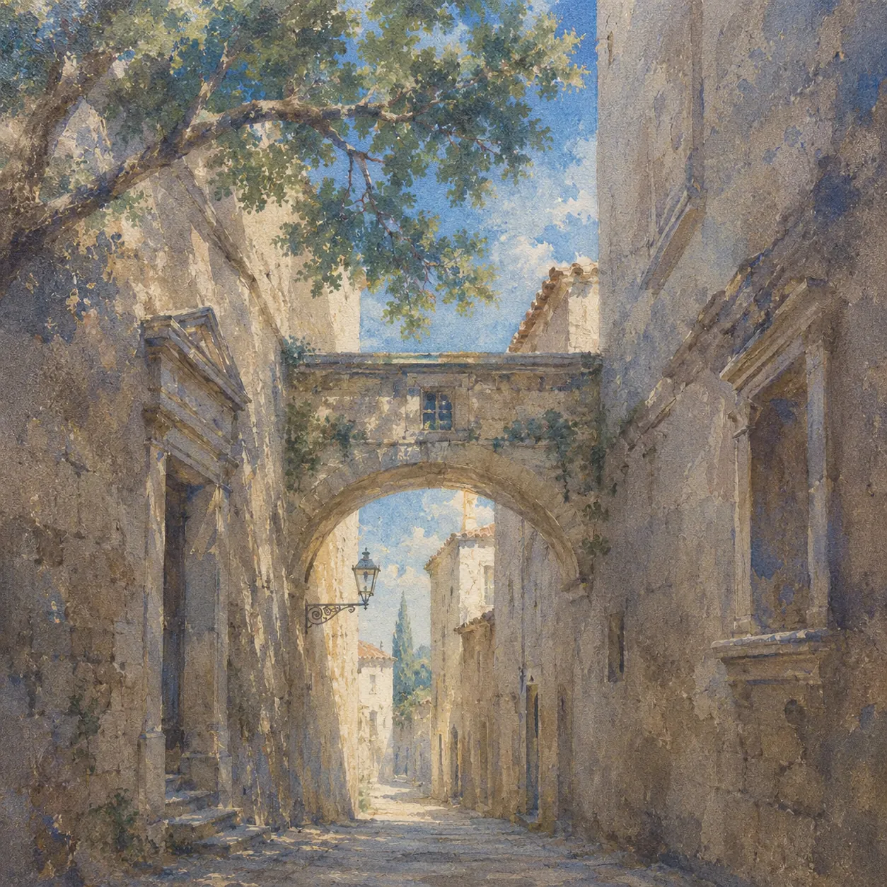 Watercolour of a narrow stone street passing under an arch.