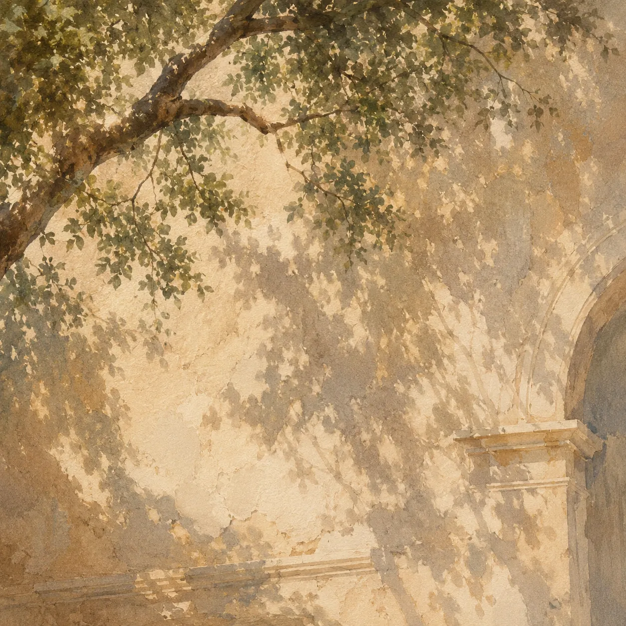 Watercolour of leaf shadows falling on a sunlit plaster wall.