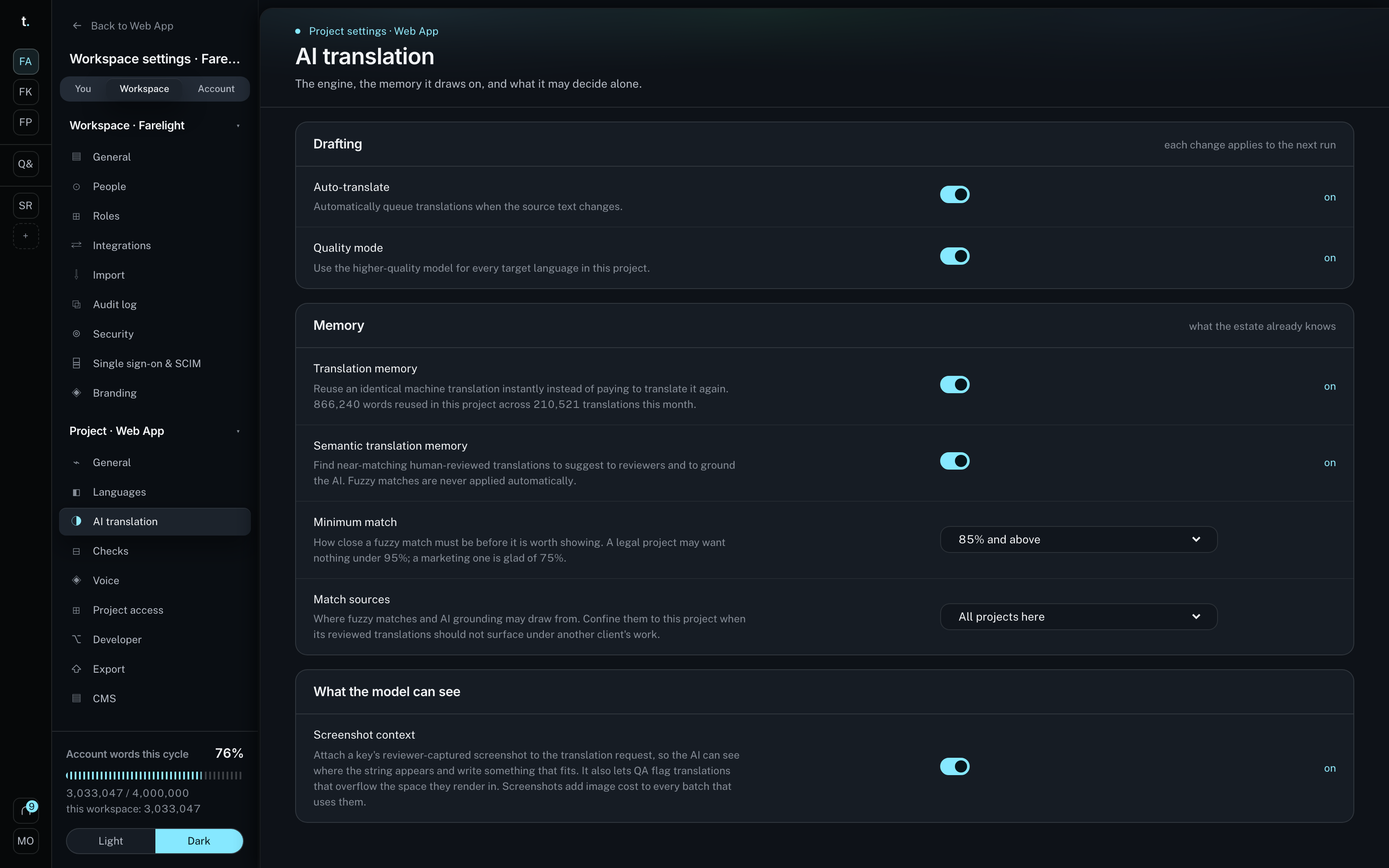 The AI settings screen with automatic translation, model selection and translation memory controls.