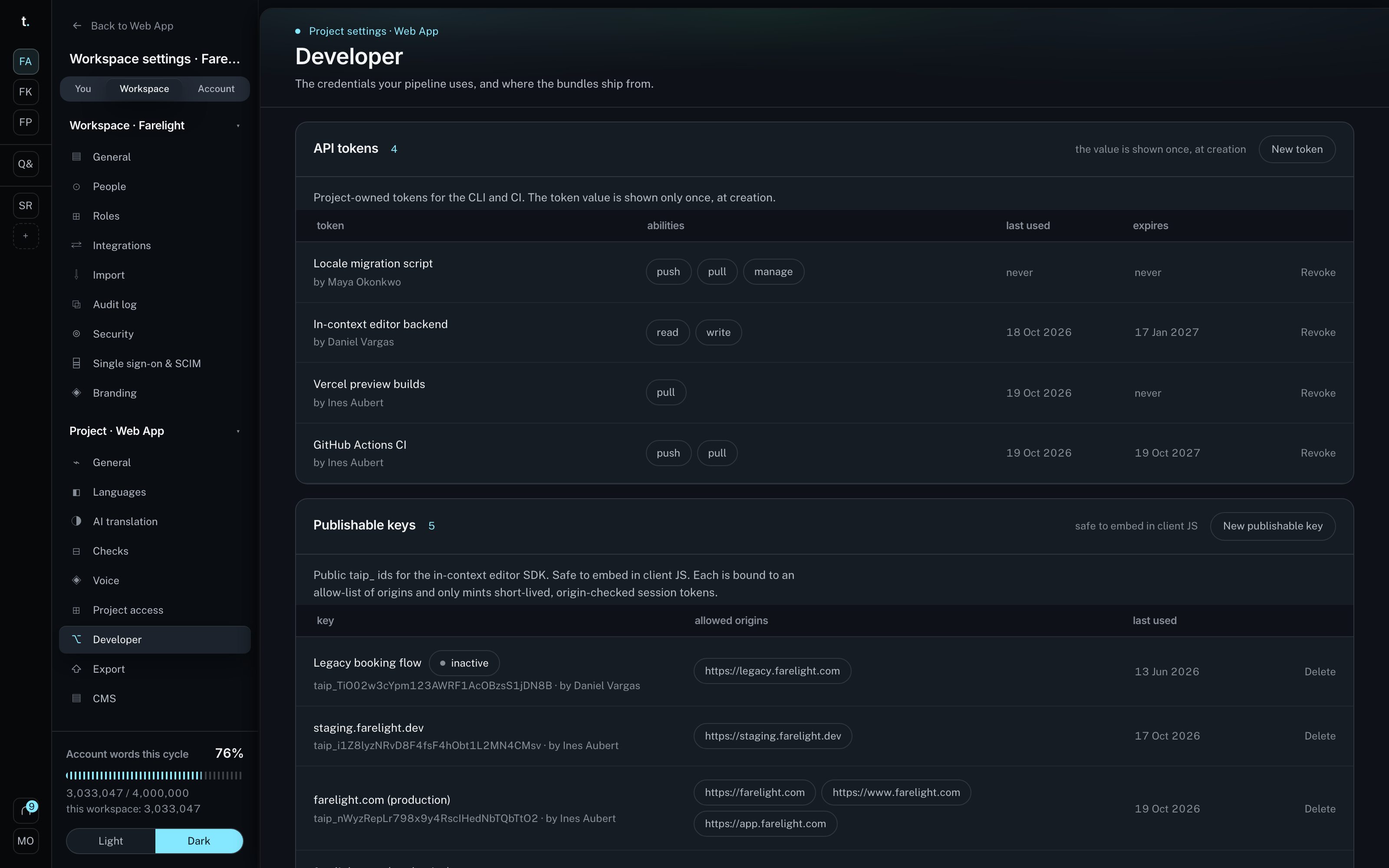 The developer settings screen with project API tokens, publishable keys and webhook endpoints.