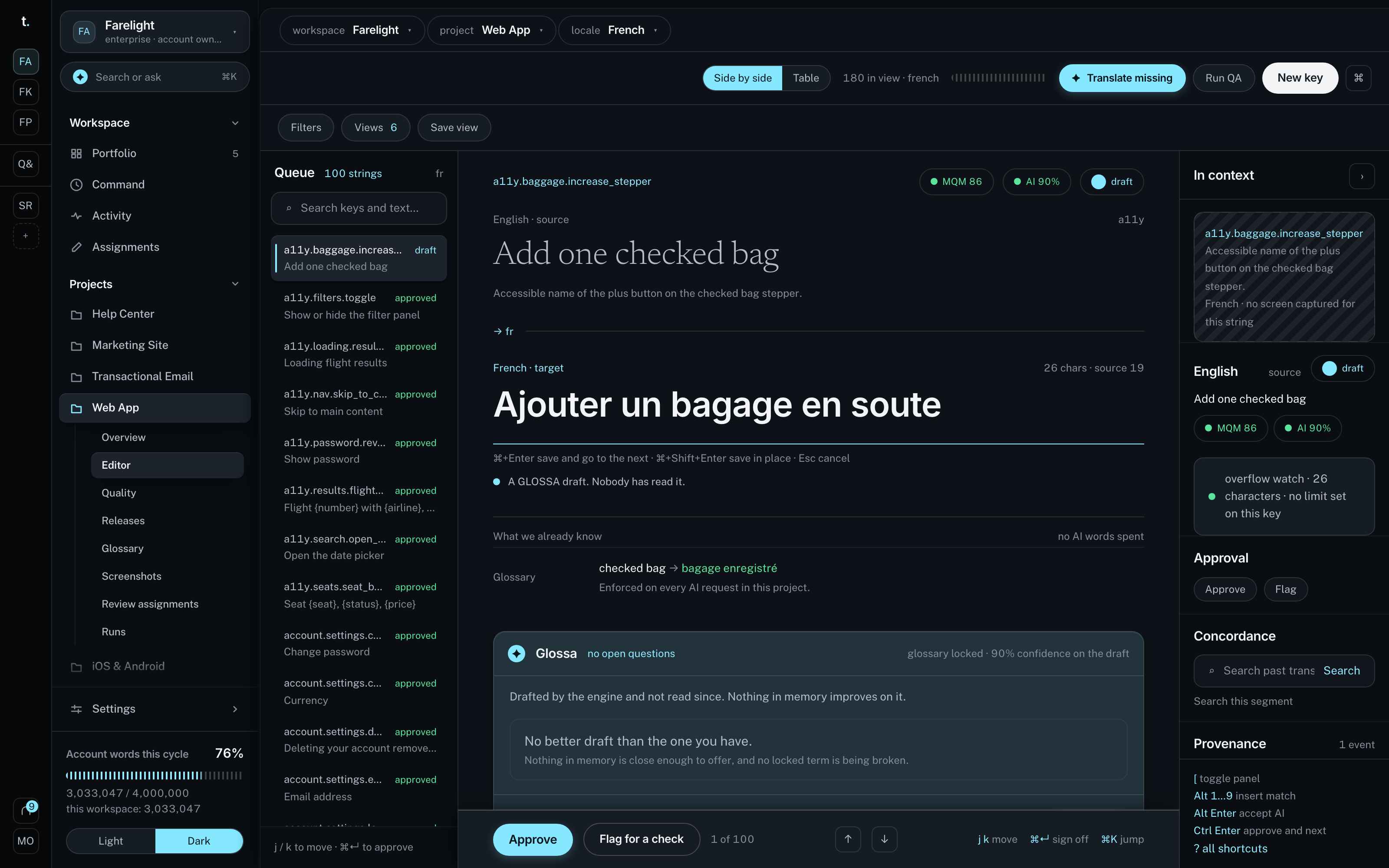 The side-by-side editor with English source, an editable French target, glossary guidance and translation memory.